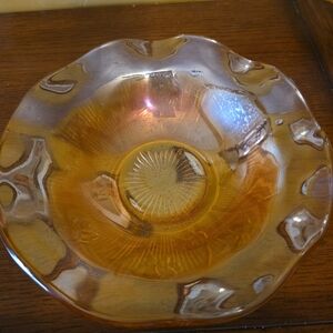 Elegant Vintage Carnival Glass Bowl Amber Iridescant Iris & Herringbone Design